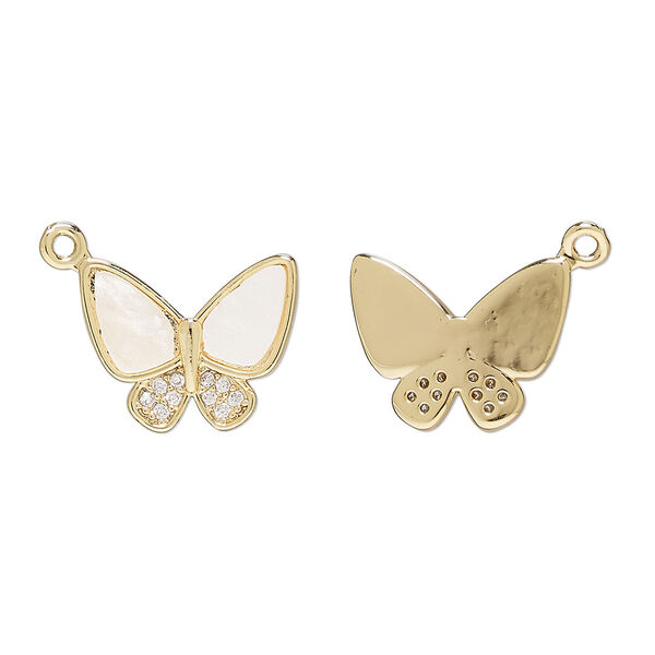 Charm 1pkg2 brass / mother-of-pearl shell / glass rhinestone, 15x12mm butterfly, bleached gold finish / white / clear image number 0