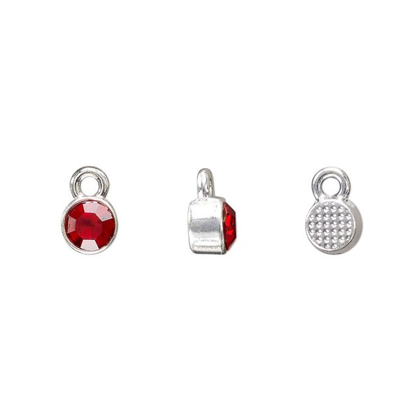 Drop, silver-finished "pewter" (zinc-based alloy) and glass rhinestone, ruby red, 6mm faceted round, July birthstone. Sold per pkg of 10. image number 0