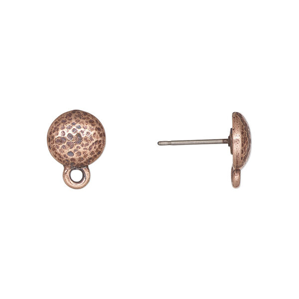 Earstud, TierraCast®, "Hammertone" collection, antique copper-plated pewter (tin-based alloy), 9mm hammered round with closed loop and titanium post. Sold per pair. image number 0