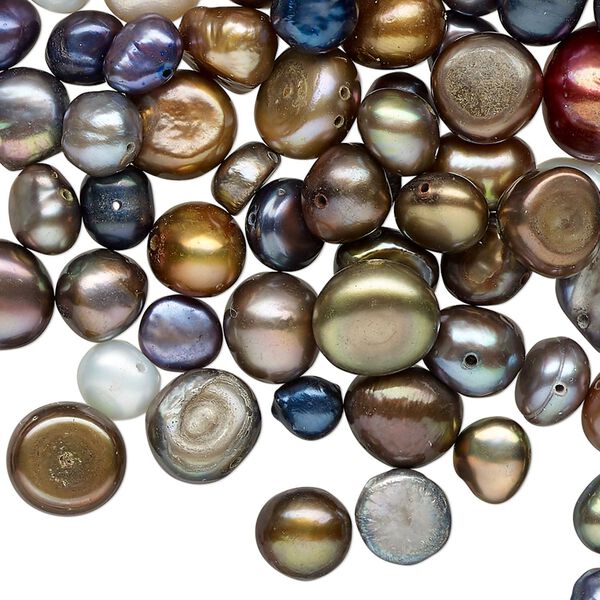 Pearl mix, cultured freshwater (dyed), mixed colors, 4mm-14x12mm flat-sided potato, Mohs hardness 2-1/2 to 4. Sold per 2-ounce pkg, approximately 130 beads. image number 0