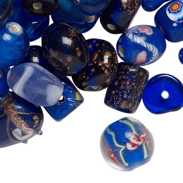 Bead mix, lampworked glass, blue with fancy finish, 7x4mm-14x11mm mixed shapes. Sold per pkg of 100-grams, approximately 60-100 beads. image number 0