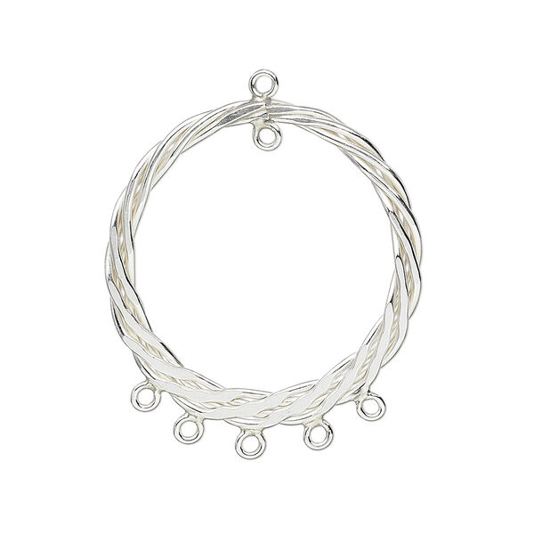 Drop, sterling silver, 25mm braided flat round, 6 loops. Sold per pkg of 2. image number 0