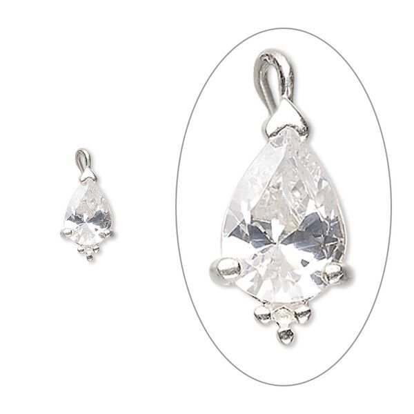 Drop, sterling silver and cubic zirconia, clear, 8x5mm pear. Sold individually. image number 0