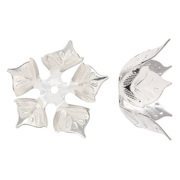 Bead cap, silver-finished copper, 24x11mm leaves, fits 14-16mm round bead. Sold per pkg of 4. image number 0