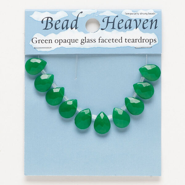 Bead, glass, opaque green, 12x9mm top-drilled faceted teardrop. Sold per pkg of 10. image number 0