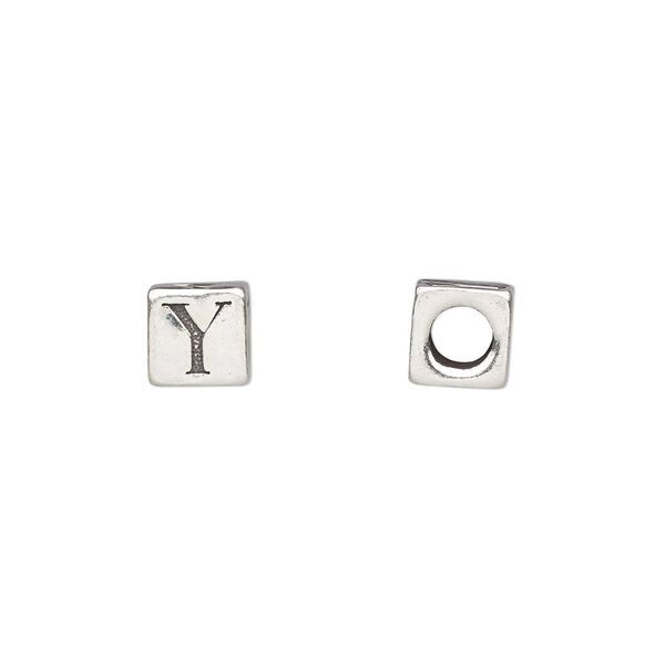 Bead, sterling silver, 5.5mm cube with alphabet letter "Y." Sold individually. image number 0