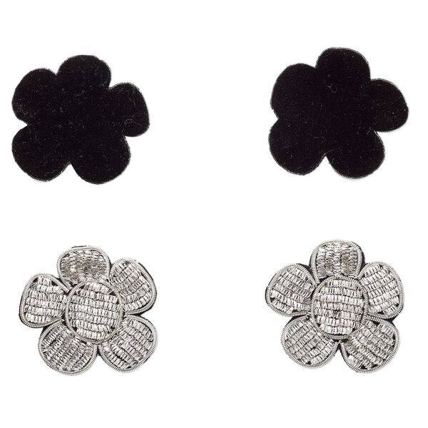 Sew-on component, velveteen and silver-finished copper French wire, black, 1-1/2 x 1-1/2 inch flower. Sold per pkg of 2. image number 0