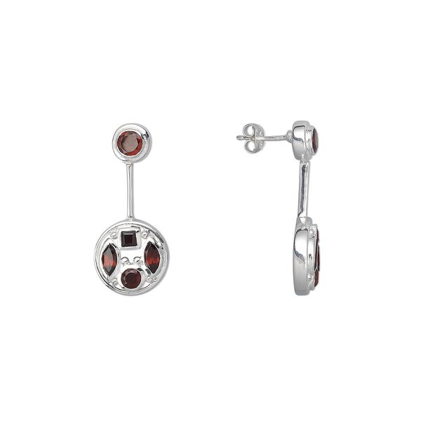 Earring, sterling silver and garnet (natural), 4mm and 5mm faceted rounds, 3mm faceted square, 6x3mm faceted marquise, 33x15mm. Sold per pair. image number 0