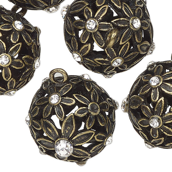 Drop, antique brass-finished brass and glass, clear, 25mm cutout round with flowers. Sold per pkg of 6. image number 0