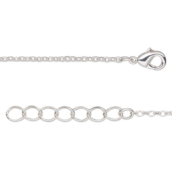 Chain, silver-finished brass, 1.5-1.7mm cable, 16 inches with 1-1/4 inch extender chain and lobster claw clasp. Sold per pkg of 4. image number 0