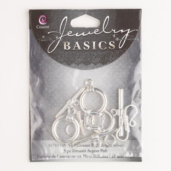 Clasp assortment, toggle and S-hook, brass, pkg/5, silver finish, assorted sizes and shapes. image number 0