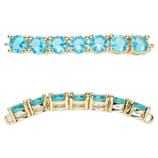 Focal, cubic zirconia and gold-plated brass, aqua, 40x5mm curved rectangle. Sold individually. image number 0