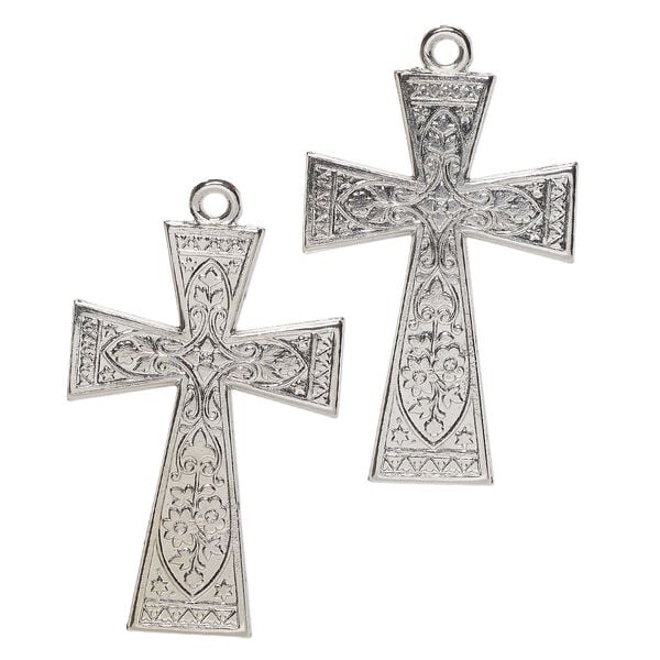 Focal, aluminum, pkg/2, 50x34mm single-sided cross with scroll pattern, silver finish. image number 0