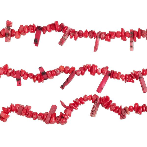 Bead mix, bamboo coral (dyed), light to dark red, top- and center-drilled small to extra-large chip and 19x5mm-30x7mm stick, Mohs hardness 3-1/2 to 4. Sold per (3) 8-inch strands. image number 0