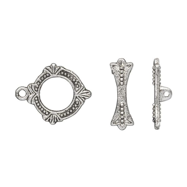 Clasp, toggle, antique silver-plated "pewter" (zinc-based alloy), 15x14mm double-sided round. Sold per pkg of 20. image number 0