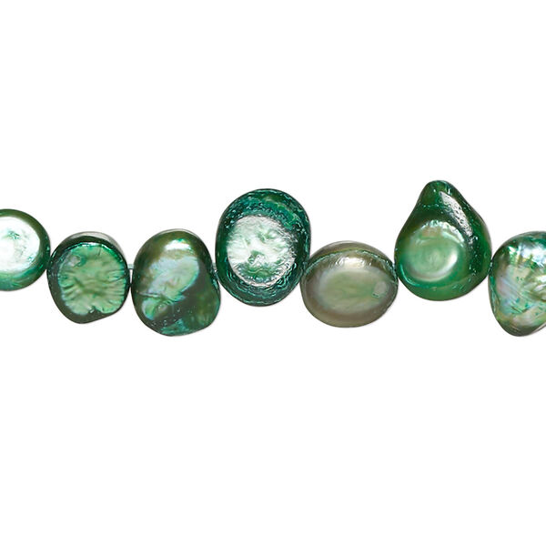 Pearl, cultured freshwater (dyed), avocado, 7x5mm-12x8mm baroque with 0.4mm hole, D grade, Mohs hardness 2-1/2 to 4. Sold per 15-inch strand. image number 0