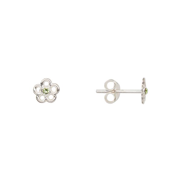 Earstud, Create Compliments®, sterling silver and crystal, peridot green, 6mm flower. Sold per pair. image number 0