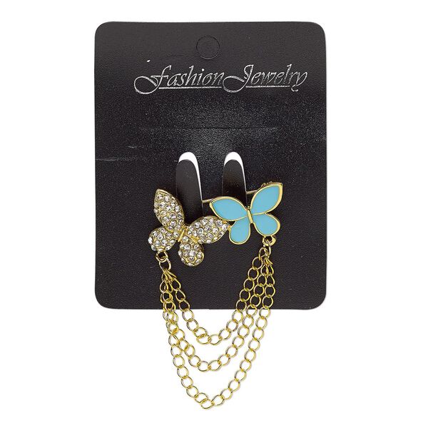Brooch, glass rhinestone / epoxy / gold-finished brass / steel / "pewter" (zinc-based alloy), turquoise blue and clear, 60x38mm with butterfly. Sold individually. image number 0
