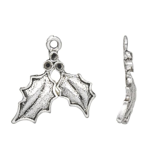 Charm, antique silver-plated "pewter" (zinc-based alloy), 25x19mm single-sided holly leaves with (3) PP15 settings. Sold per pkg of 10. image number 0