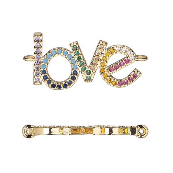 Link, cubic zirconia and gold-finished brass, multicolored, 23.5x12mm single-sided "love." Sold individually. image number 0