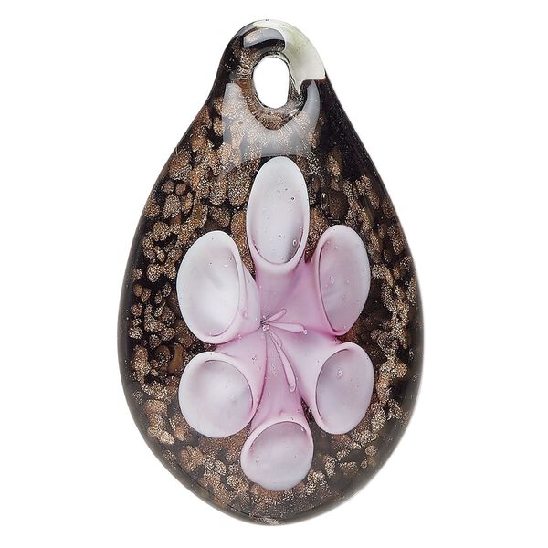 Focal, lampworked glass, opaque black / clear / pink, 46x33mm-54x35mm domed teardrop with copper-colored glitter. Sold individually. image number 0