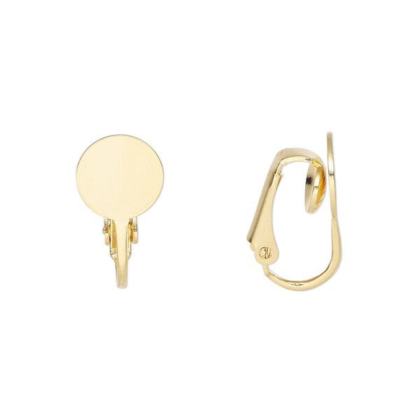 Earring clip-on 1pkg100 gold-plated, 19mm hinged / 9mm round flat pad, steel 50 pair image number 0