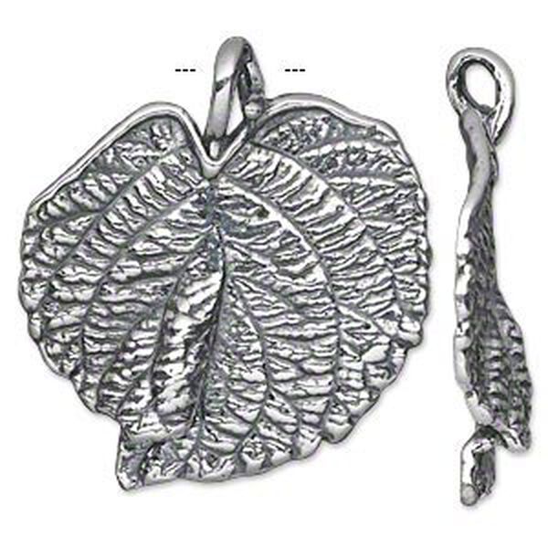 Focal, antiqued silver-plated pewter (tin-based alloy), 40x36mm single-sided textured leaf. Sold individually. image number 0