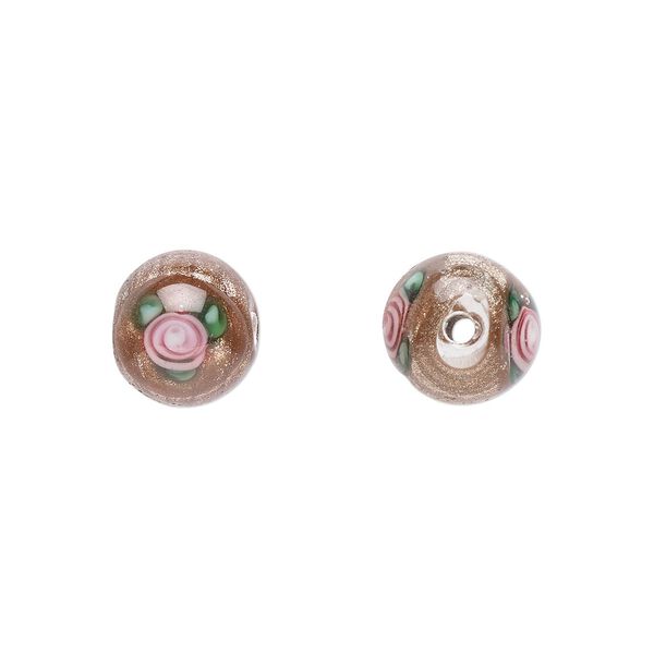Bead, Czech lampworked glass, opaque brown / pink / green, 8-9mm round with flower design. Sold per pkg of 6. image number 0