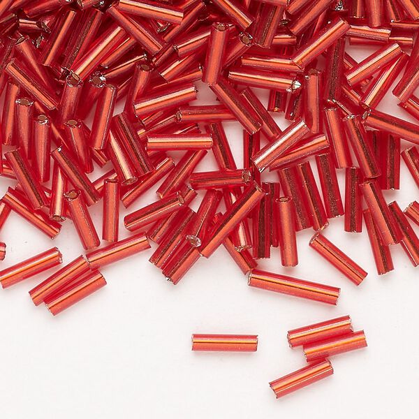 Bead, Ming Tree™, bugle bead, glass, pkg/1/4 pound, 1/4 inch, silver-lined translucent ruby red. image number 0