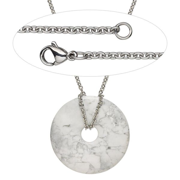 Necklace, Simple and Sleek Jewelry™, white howlite focal and stainless steel chain, 30 inches. Sold individually. image number 0