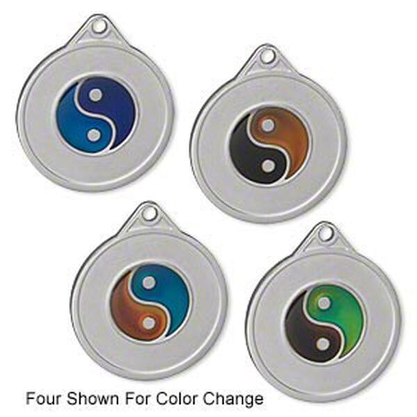 Charm, acrylic and imitation rhodium-plated "pewter" (zinc-based alloy), multicolored, 22mm color-changing single-sided flat round with yin-yang symbol. Sold per pkg of 2. image number 0