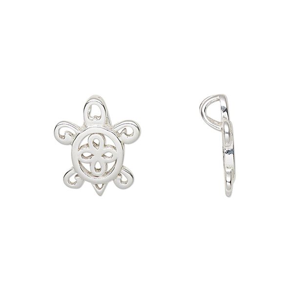 Pendant, sterling silver, 15.5x13mm single-sided turtle with hidden bail. Sold individually. image number 0