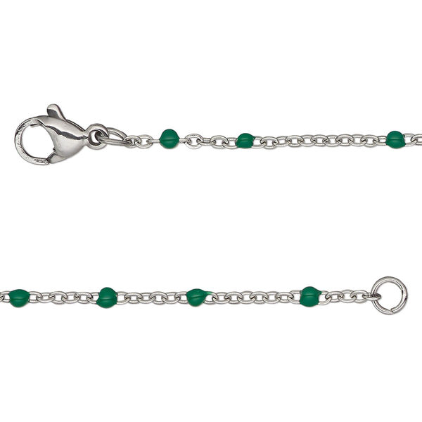 Chain, stainless steel and enamel, green, 1.7mm flat cable with 2mm ball, 24 inches with lobster claw clasp. Sold individually. image number 0