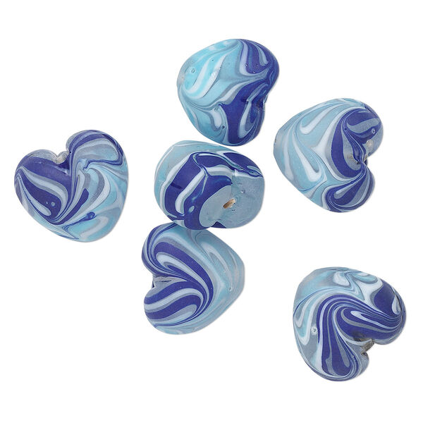 Bead, glass, translucent matte multi-blue / white / clear, 23x20mm-25x23mm puffed heart. Sold per pkg of 6. image number 0