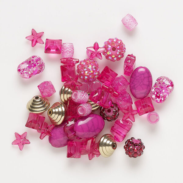 Bead mix, acrylic, light to dark pink and gold, 5-15x12mm mixed shapes. Sold per pkg of 48. image number 0