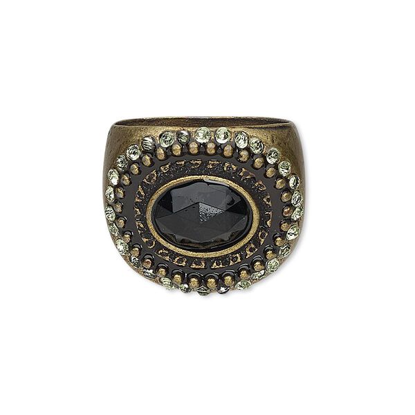 Ring, acrylic / glass rhinestone / antiqued brass-finished "pewter" (zinc-based alloy), green and black, 19mm wide with 10x8mm faceted oval, size 8. Sold individually. image number 0