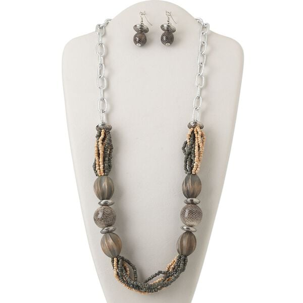 Necklace and earring set, sea krait snakeskin / gmelina wood / coconut palm tree wood (natural / dyed) / resin / silver-finished aluminum and steel, brown / green / grey, 30x20mm fluted oval, 32-inch continuous loop, 1-3/4 inch fishhook earrings. Sold per set. image number 0