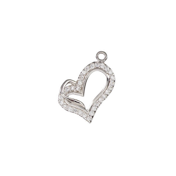Charm, cubic zirconia and rhodium-plated sterling silver, clear, 15x13mm single-sided open heart. Sold individually. image number 0