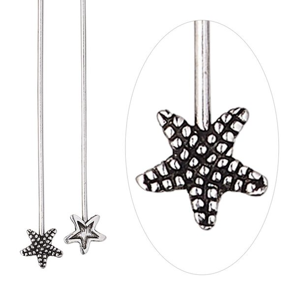 Head pin, antiqued sterling silver, 2 inches with 6mm starfish, 20 gauge. Sold per pkg of 2. image number 0