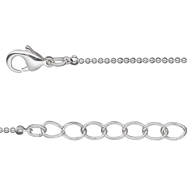 Chain, silver-plated brass, 1mm ball, 16 inches with 1-inch extender chain and lobster claw clasp. Sold per pkg of 4. image number 0