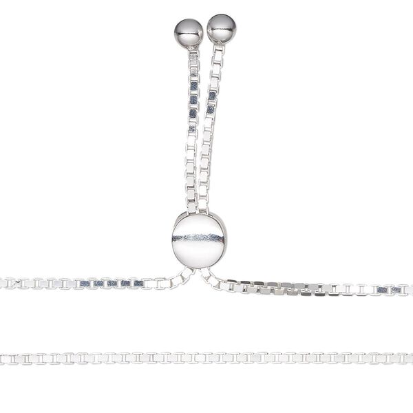 Necklace component, sterling silver and silicone, clear, 1.5mm box chain, 20 inches with 7mm flat round adjustable slider bead and 2 open loops. Sold individually. image number 0