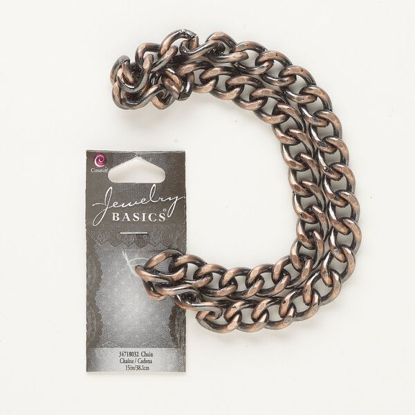 Chain, antique copper-finished steel, 10mm two-tone flat curb. Sold per pkg of 15 inches. image number 0