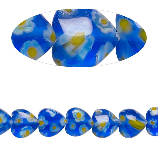 Bead, millefiori glass, translucent multicolored, 7mm-9x8mm puffed heart. Sold per 14-inch strand. image number 0