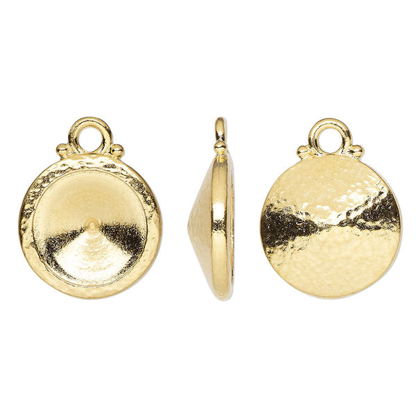 Drop, TierraCast®, Almost Instant Jewelry®, gold-plated pewter (tin-based alloy), 15mm hammered round with 12mm rivoli glue-in setting (1122). Sold per pkg of 20. image number 0