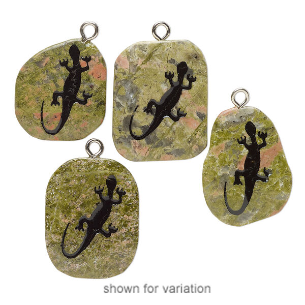 Focal, silver-finished steel / unakite (natural) / enamel, black, 30x25mm-36x28mm freeform with lizard, Mohs hardness 6-7. Sold individually. image number 0
