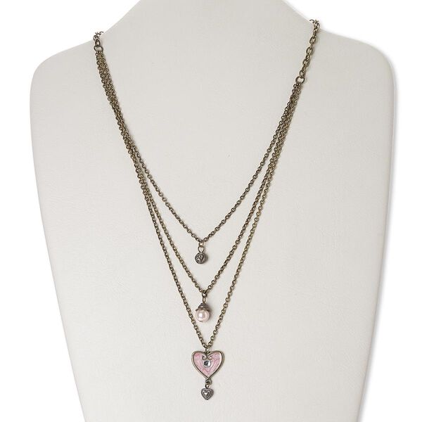 Necklace, acrylic / enamel / glass pearl / glass rhinestone / antique brass-finished "pewter" (zinc-based alloy) / steel, pink and clear, heart, 18 inches with 3-inch extender chain and lobster claw clasp. Sold individually. image number 0