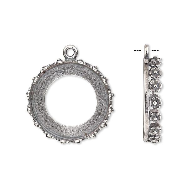 Drop, JBB Findings, antique silver-plated brass, 20mm round with open back and flower design trim, 18mm round bezel setting. Sold per pkg of 2. image number 0