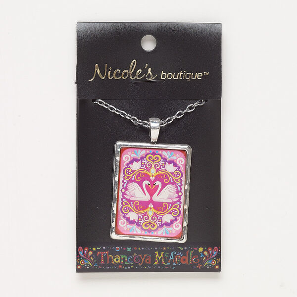 Necklace, resin / antique silver-finished "pewter" (zinc-based alloy) / silver-finished steel, multicolored, 37x29mm rectangle with swans and flowers design and glitter, 23 inches with lobster claw clasp. Sold individually. image number 0