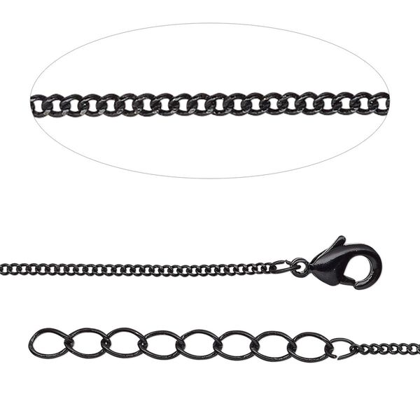 Chain, black-finished brass, 1.5mm curb, 18 inches with 1-1/4 inch extender chain and lobster claw clasp. Sold individually. image number 0