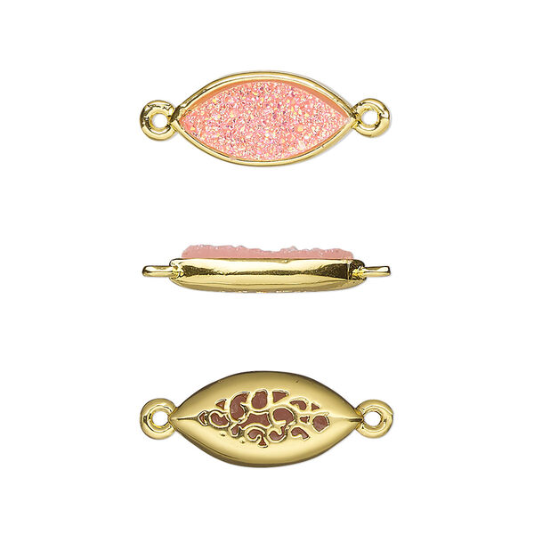 Link, Druzylite™, "druzy" (resin) and gold-finished brass, pink, 16x8mm two-sided marquise with open filigree back. Sold per pkg of 4. image number 0